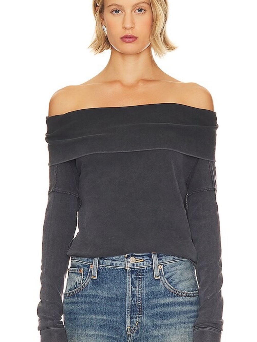 We The Free People washed Black Long Sleeve Off the Shoulder Not The Same Tee S